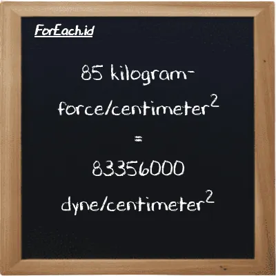 85 kilogram-force/centimeter<sup>2</sup> is equivalent to 83356000 dyne/centimeter<sup>2</sup> (85 kgf/cm<sup>2</sup> is equivalent to 83356000 dyn/cm<sup>2</sup>)